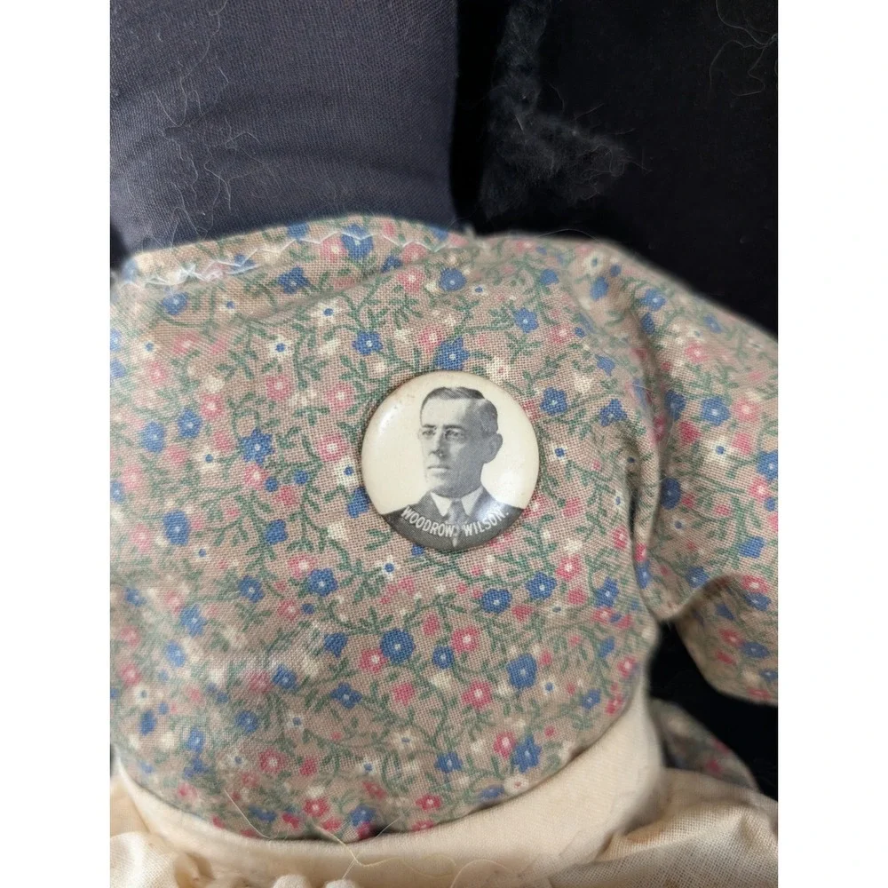 Antique Primitive Cloth Rag Doll‎ Woodrow Wilson Campaign Pin Floral Dress 12in